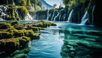 ai generato tranquillo scena fluente acqua, verde alberi, riflettendo bellezza nel natura generato di ai foto