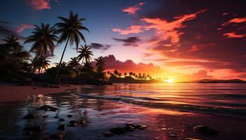 ai generato tramonto al di sopra di tropicale costa, palma alberi silhouette nel tranquillo scena generato di ai foto