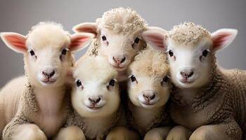 ai generato carino agnello guardare a telecamera, circondato di soffice azienda agricola animali generato di ai foto