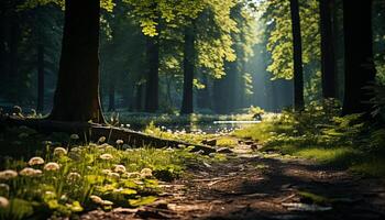 ai generato un' tranquillo scena di natura bellezza foresta, albero, luce del sole generato di ai foto