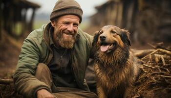 ai generato uno uomo e il suo cane, godendo il all'aperto insieme generato di ai foto