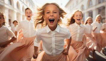 ai generato gruppo di bambini giocando all'aperto, sorridente e guardare a telecamera generato di ai foto