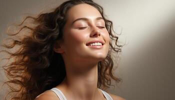 ai generato bellissimo donna con lungo Riccio capelli, sorridente e guardare contento generato di ai foto