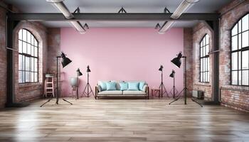 ai generato moderno soffitta appartamento con luminosa, confortevole vivente camera design generato di ai foto