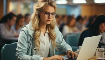 ai generato giovane adulti studiando in casa nel un' aula utilizzando computer portatili per formazione scolastica generato di ai foto