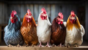 ai generato maestoso Gallo in piedi nel un' riga, salutare bestiame su azienda agricola generato di ai foto