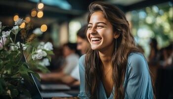 ai generato giovane donna godendo tempo libero attività, ascoltando per musica all'aperto con cuffie generato di ai foto