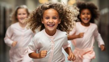 ai generato sorridente ragazze e ragazzi, allegro e carino, godendo infanzia divertimento generato di ai foto