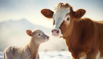 ai generato carino mucca pascolo su verde prato, guardare a telecamera generato di ai foto