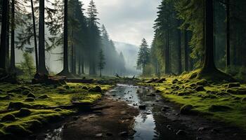 ai generato tranquillo scena natura bellezza riflessa nel acqua, foresta, e montagne generato di ai foto