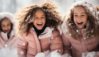 ai generato sorridente inverno neve all'aperto, allegro felicità, divertimento caldo capi di abbigliamento generato di ai foto