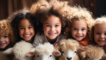 ai generato gruppo di bambini sorridente, giocando con animali, godendo natura generato di ai foto