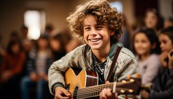 ai generato sorridente ragazzi giocando chitarra, apprendimento musica al chiuso, infanzia felicità generato di ai foto