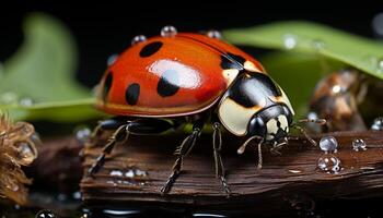 ai generato un' piccolo coccinella striscia su un' bagnato verde foglia generato di ai foto