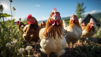 ai generato salutare polli pascolare nel un' vibrante, biologico azienda agricola prato generato di ai foto