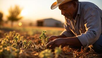 ai generato uno uomo Lavorando all'aperto, raccolta biologico impianti nel autunno generato di ai foto