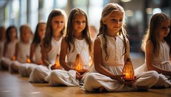 ai generato gruppo di bambini praticante yoga, sorridente e guardare a telecamera generato di ai foto