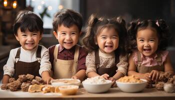 ai generato sorridente ragazze cottura al forno, carino ragazzi apprendimento, allegro famiglia cucinando insieme generato di ai foto