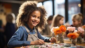 ai generato sorridente ragazze, allegro infanzia, in casa formazione scolastica, creatività, solidarieta, apprendimento divertimento generato di ai foto