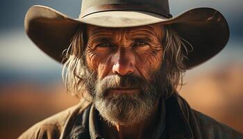 ai generato sorridente cowboy all'aperto, guardare a telecamera, fiducioso nel natura generato di ai foto