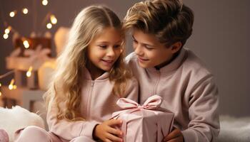 ai generato sorridente bambini hold Natale regalo, diffusione gioia e amore generato di ai foto