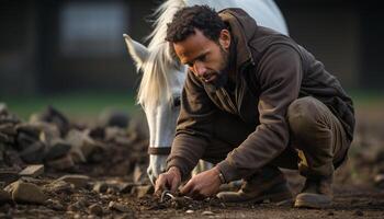 ai generato un' uomo sorridente, Lavorando all'aperto, bonding con un' cavallo generato di ai foto