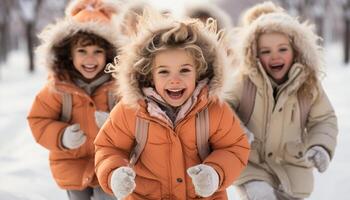 ai generato sorridente bambini giocando nel il neve, gioioso inverno divertimento all'aperto generato di ai foto