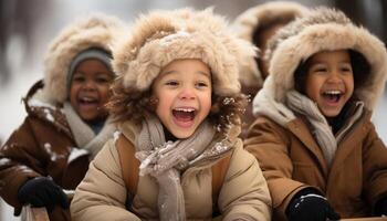 ai generato sorridente inverno bambino, allegro all'aperto, caldo vestiario, carino ragazze giocando generato di ai foto