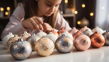 ai generato carino caucasico ragazza sorridente, decorazione Natale albero con famiglia in casa generato di ai foto