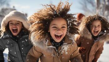 ai generato sorridente ragazze giocando nel il neve, godendo inverno allegro divertimento generato di ai foto