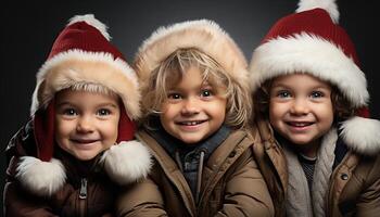 ai generato sorridente bambini celebrare inverno, giocando nel neve, gioioso solidarieta generato di ai foto