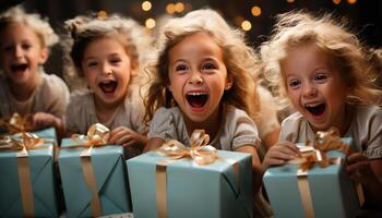 ai generato sorridente ragazze apertura regalo, festeggiare compleanno con gioioso famiglia generato di ai foto