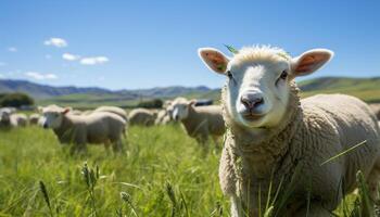 ai generato carino agnello pascolo nel verde prato, circondato di gregge generato di ai foto