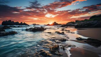 ai generato tramonto al di sopra di tranquillo costa, riflettendo bellezza nel natura crepuscolo generato di ai foto