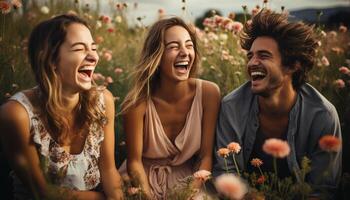 ai generato giovane adulti godendo estate all'aperto, ridendo e sorridente insieme nel natura generato di ai foto