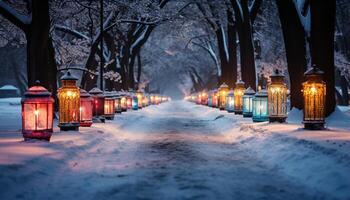 ai generato inverno notte, neve lanterna si illumina all'aperto, natura tranquillo scena generato di ai foto