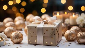 ai generato un' raggiante oro pacchetto si illumina il elegante Natale arredamento generato di ai foto