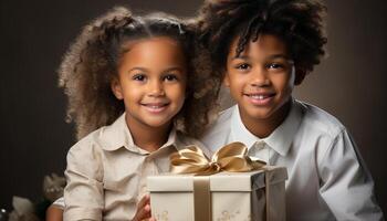 ai generato Due carino africano etnia bambini sorridente, Tenere compleanno regalo generato di ai foto