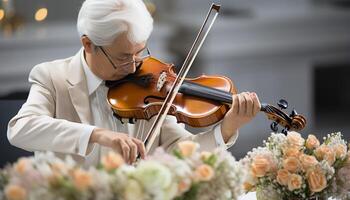 ai generato anziano adulto violinista giocando al chiuso, concentrandosi su il suo prestazione generato di ai foto