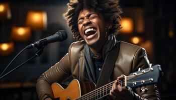 ai generato giovane adulto musicista giocando chitarra, cantando, e sorridente su palcoscenico generato di ai foto