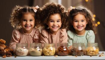 ai generato sorridente ragazze cottura al forno fatti in casa biscotti, gioioso celebrazione di solidarieta generato di ai foto