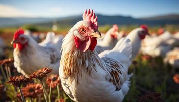 ai generato salutare polli pascolare nel un' verde prato sotto il sole generato di ai foto
