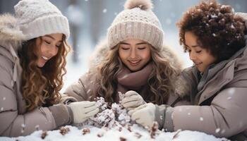 ai generato sorridente inverno felicità, neve allegramente all'aperto caldo vestiario, giocoso divertimento generato di ai foto