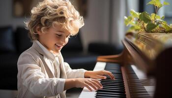 ai generato carino caucasico ragazzo giocando pianoforte, godendo infanzia musica formazione scolastica generato di ai foto