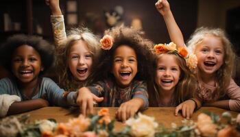 ai generato sorridente ragazze e ragazzi, allegro e carino, festeggiare Halloween insieme generato di ai foto