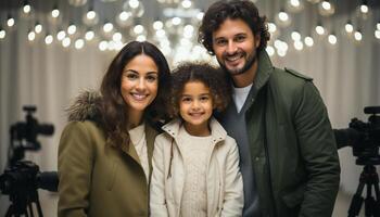 ai generato sorridente famiglia, uno bambino, adulti, uomini, donne, allegro padre, inverno generato di ai foto