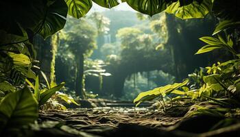 ai generato misterioso tropicale foresta pluviale verde alberi, nebbia, e roccioso montagne generato di ai foto