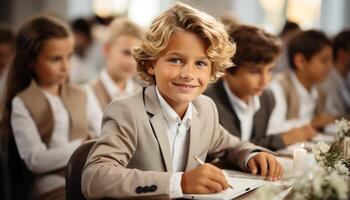 ai generato gruppo di bambini studiando insieme nel un' allegro aula generato di ai foto