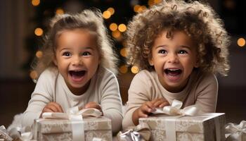 ai generato sorridente bambini godere Natale regalo, circondato di gioioso famiglia generato di ai foto