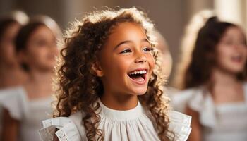 ai generato sorridente ragazze, allegro ragazzi, felicità nel interno aula, formazione scolastica insieme generato di ai foto